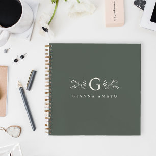 Cuaderno Elegante Monograma Botánico Verde y Nombre