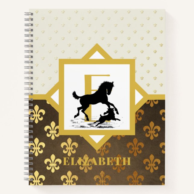 Cuaderno Elegante Monograma Caballo Perro Oro Bronce Fleurd (Anverso)