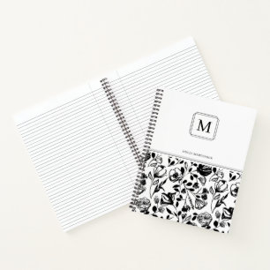 Cuaderno Elegante Monograma Chic Patrón de Flor Negro Blanc