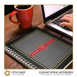 Cuaderno Elegante Monograma Cuadro Negro, Dorado y Rojo