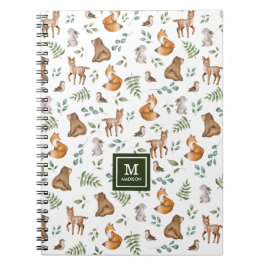Cuaderno Elegante Monograma de Bosques Animales de Woodland