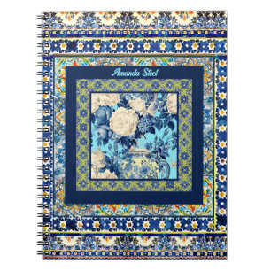 Cuaderno Elegante monograma de cerámica azul de azulejo