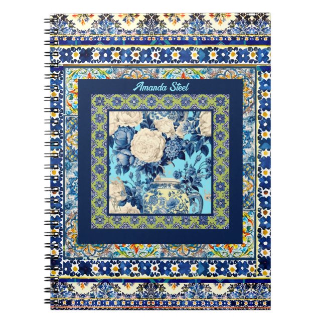 Cuaderno Elegante monograma de cerámica azul de azulejo (Frente)