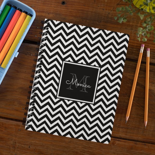 Cuaderno Elegante Monograma de Chevron blanco y negro (Subido por el creador)