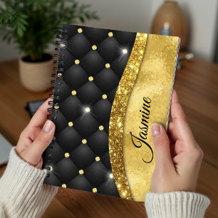 Cuaderno Elegante monograma de diamante negro con brillo de