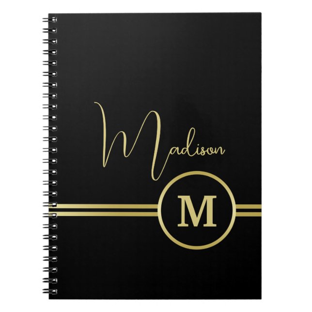 Cuaderno Elegante Monograma de Firma en Oro sobre Negro (Frente)