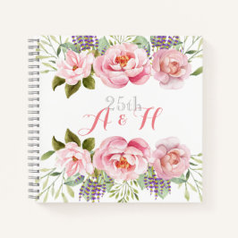 Cuaderno Elegante Monograma de flor rosada 25.º Boda