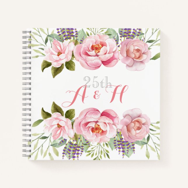 Cuaderno Elegante Monograma de flor rosada 25.º Boda (Anverso)
