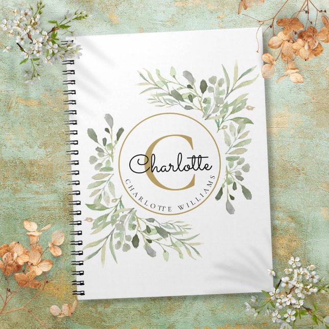 Cuaderno Elegante monograma de greenery con acuarela y nomb (Elegant Watercolor Greenery Monogram Name Notebook)