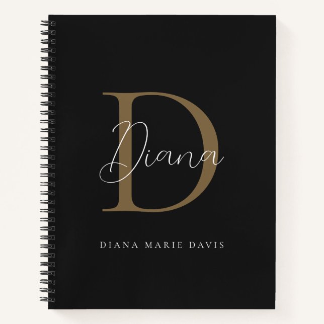 Cuaderno Elegante Monograma de Letra Script en Negro Median (Anverso)