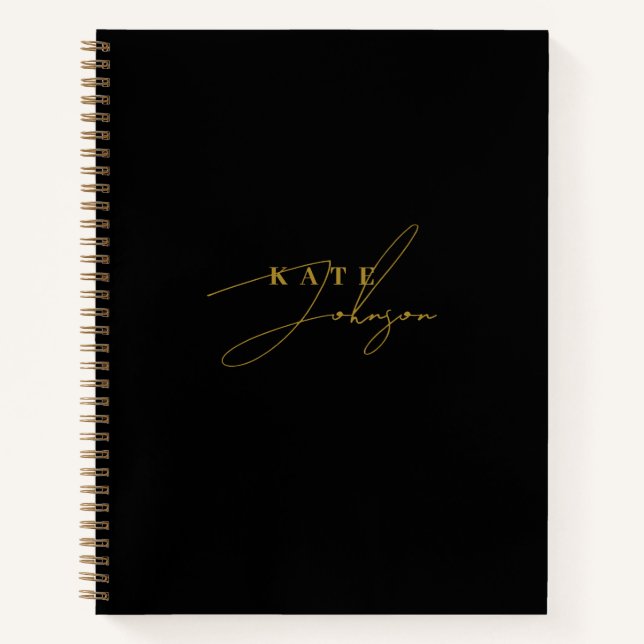 Cuaderno Elegante Monograma de Letra Script Negro Oro (Anverso)