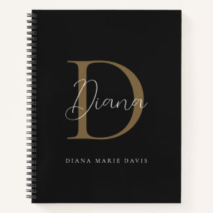 Cuaderno Elegante Monograma de Letra Script Oro Musgoso Neg