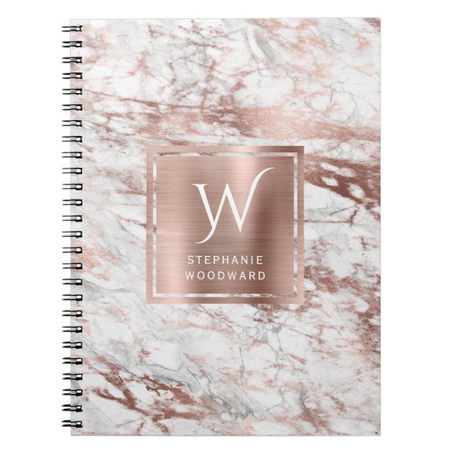 Cuaderno Elegante Monograma de Mármol de Oro Rosa Blanco (Frente)