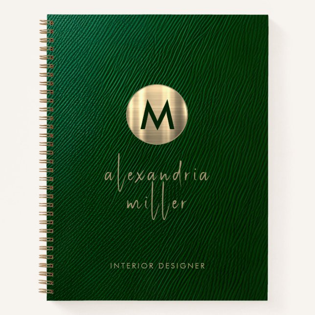 Cuaderno Elegante Monograma de Oro de Cuero Verde (Anverso)