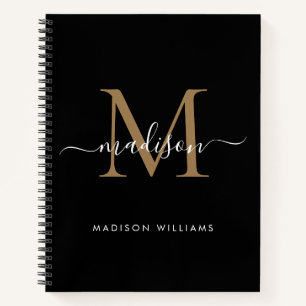 Cuaderno Elegante Monograma de Oro Negro Nombre de Script I