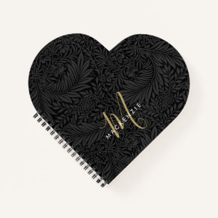 Cuaderno Elegante Monograma de Oro Patrón Floral Negro