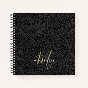 Cuaderno Elegante Monograma de Oro Patrón Floral Negro