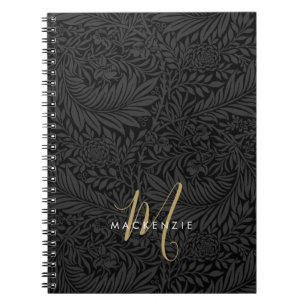 Cuaderno Elegante Monograma de Oro Patrón Floral Negro