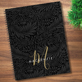 Cuaderno Elegante Monograma de Oro Patrón Floral Negro