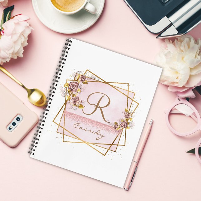 Cuaderno Elegante Monograma de Rosa con Brillo de Oro Rosa (Subido por el creador)
