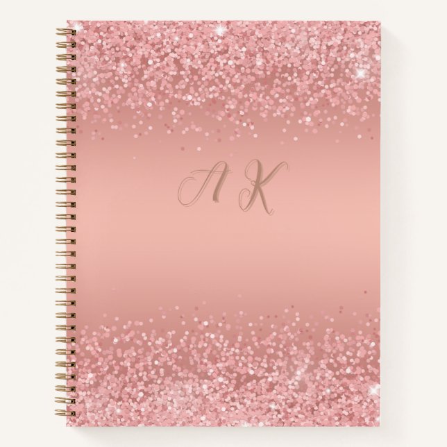 Cuaderno Elegante Monograma de Rosa Dorado Luxe con Brillo (Anverso)