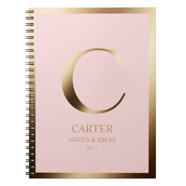 Cuaderno Elegante Monograma dorado enmarcado | Rosa (Frente)