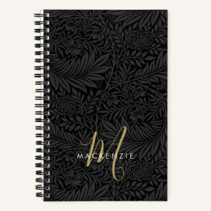 Cuaderno Elegante Monograma Dorado Patrón Floral Negro