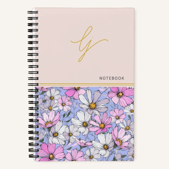 Cuaderno Elegante Monograma Escritura Dorada Flores Rosas y (Anverso)