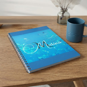 Cuaderno Elegante Monograma Escuela de Peces Océano Azul Ac