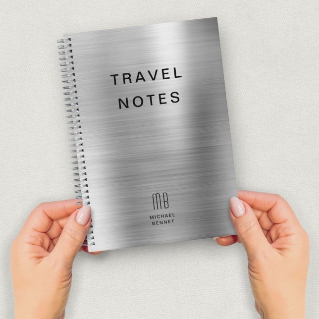 Cuaderno Elegante Monograma Faux Silver GrayTravel (Elegant Monogram Faux Silver GrayTravel Notebook)