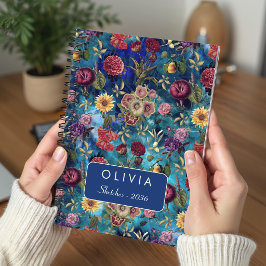 Cuaderno Elegante Monograma Floral Acuarela Azul