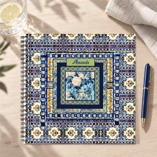Cuaderno Elegante Monograma Floral Chinoiserie Azul