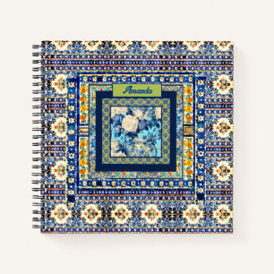 Cuaderno Elegante Monograma Floral Chinoiserie Azul