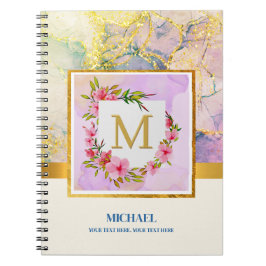 Cuaderno Elegante Monograma Floral de Mármol con Acuarela e