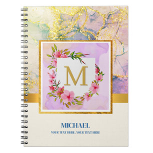 Cuaderno Elegante Monograma Floral de Mármol con Acuarela e