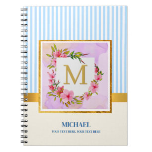 Cuaderno Elegante Monograma Floral Inicial Script Nombre Pe