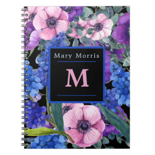 Cuaderno Elegante Monograma Floral Negro en Azul Purpura Ro