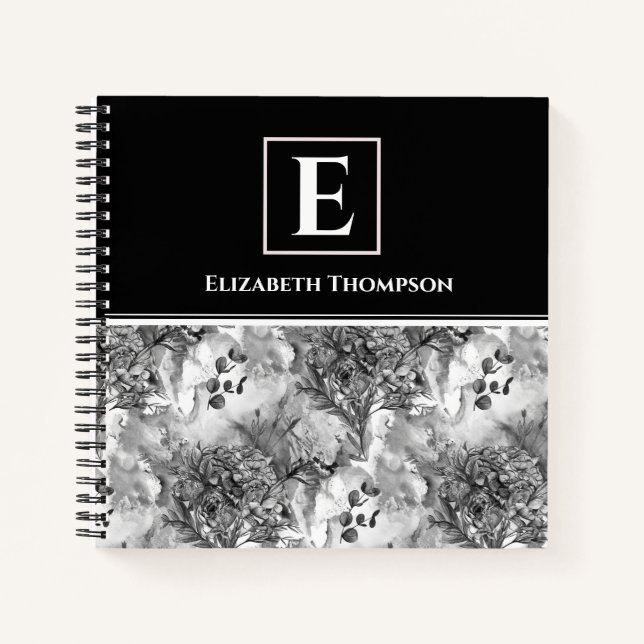 Cuaderno Elegante Monograma Floral Personalizado blanco y n (Anverso)