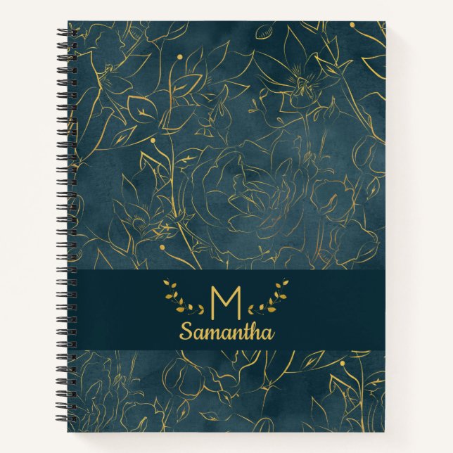 Cuaderno Elegante Monograma floral Verde azulado azul y Rel (Anverso)