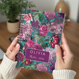 Cuaderno Elegante monograma floral vintage azul acuático