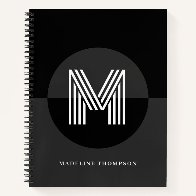 Cuaderno Elegante Monograma Geométrico Moderno Blanco Negro (Anverso)