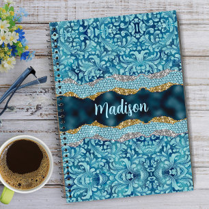 Cuaderno Elegante monograma grande turquesa azulado con bri