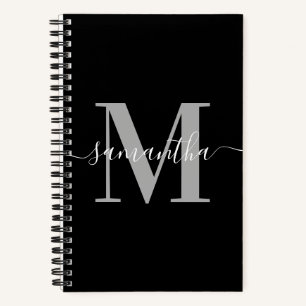 Cuaderno Elegante Monograma Gris Moderno Negro