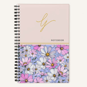 Cuaderno Elegante Monograma Guión dorado Flores azules rosa