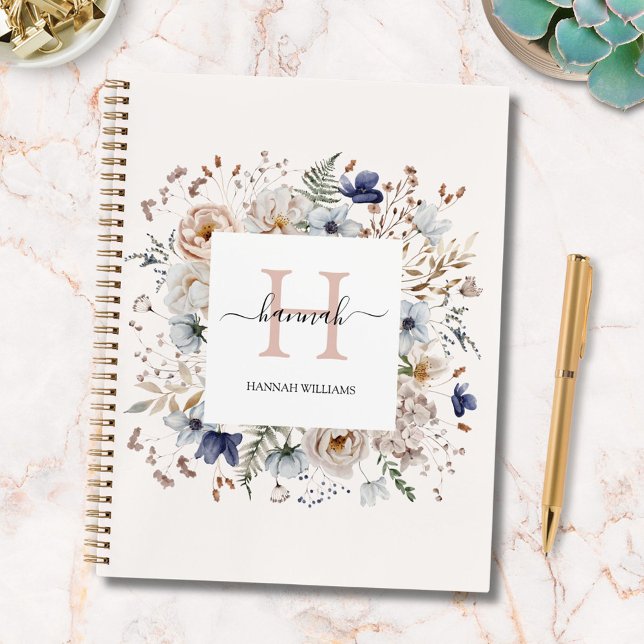 Cuaderno Elegante Monograma Hermosas Flores Beige Azul Flor (In situ)