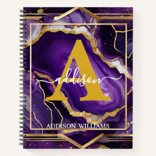 Cuaderno Elegante Monograma moderno Purpurina de oro morado