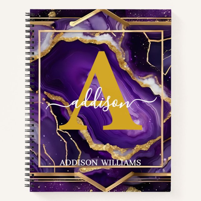Cuaderno Elegante Monograma moderno Purpurina de oro morado (Anverso)