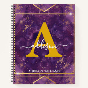 Cuaderno Elegante Monograma moderno Purpurina de oro morado