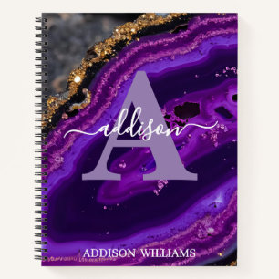 Cuaderno Elegante Monograma moderno Purpurina de oro morado