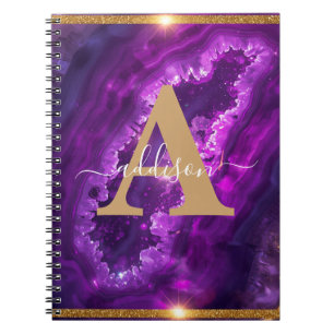 Cuaderno Elegante Monograma moderno Purpurina de oro morado